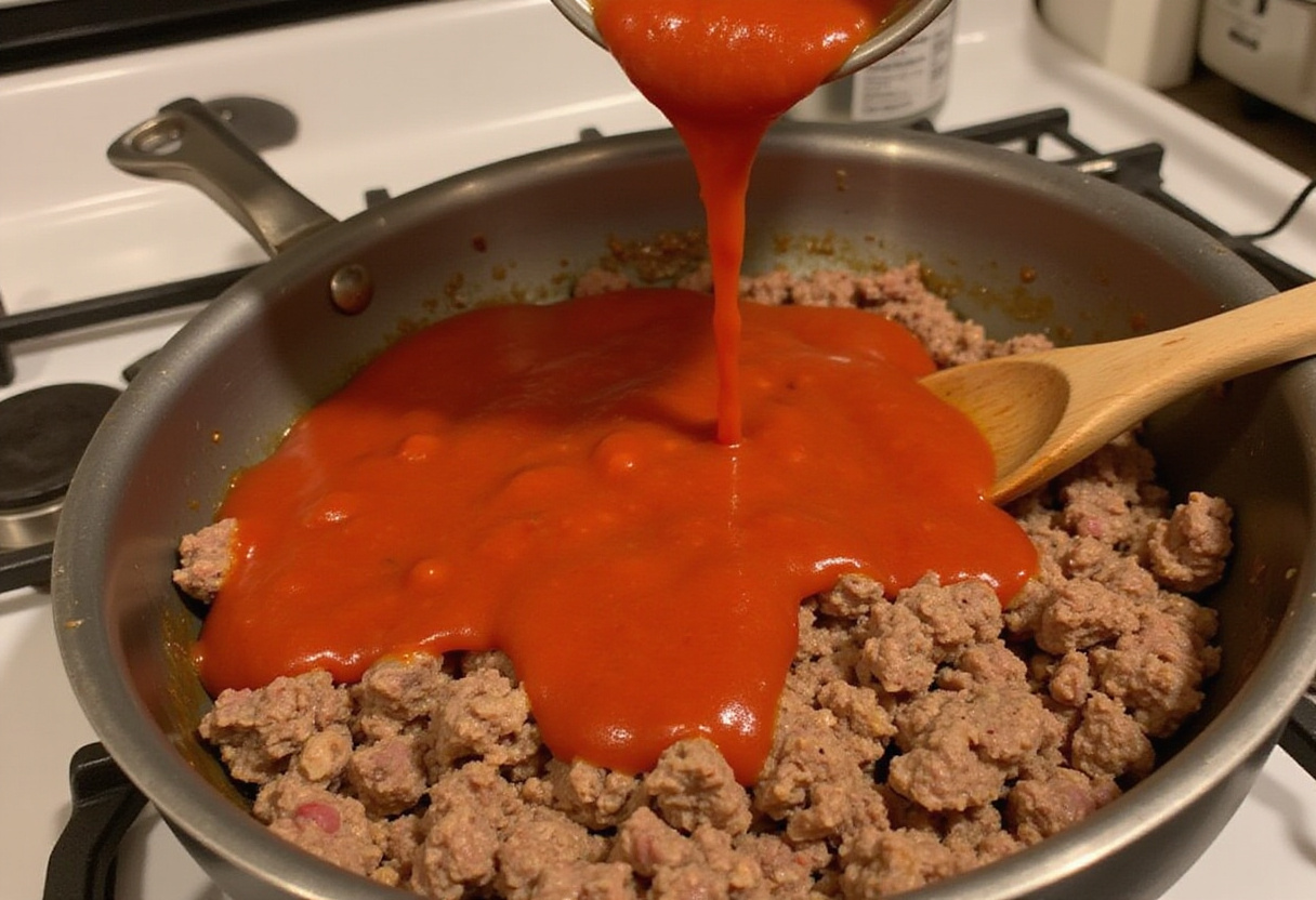 Adding tomato sauce to browned ground beef for a simple recipe.