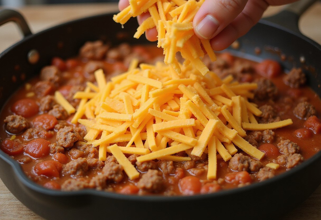 Adding cheddar cheese to ground beef and tomato sauce.
