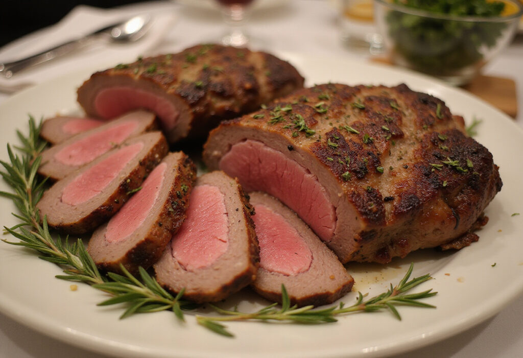 Perfectly sliced bottom round roast on a platter, garnished with fresh herbs, the final product of a beef roast recipe.