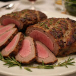 Perfectly sliced bottom round roast on a platter, garnished with fresh herbs, the final product of a beef roast recipe.