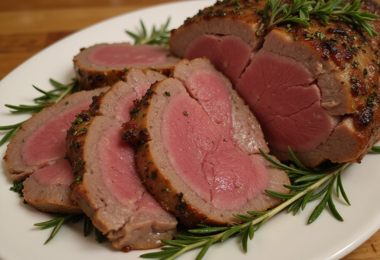 Perfectly sliced bottom round roast on a platter, garnished with fresh herbs, the final product of a beef roast recipe.