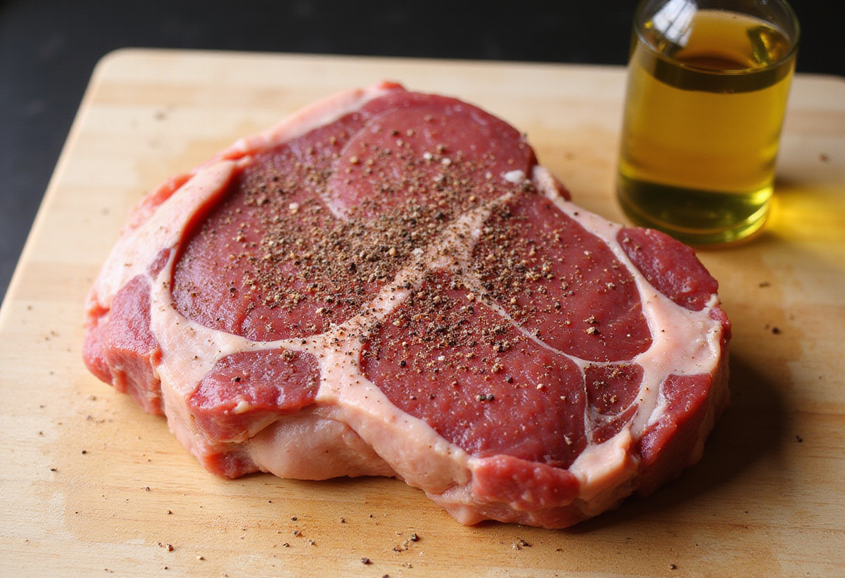 Seasoning a bottom round roast with salt and pepper before cooking.