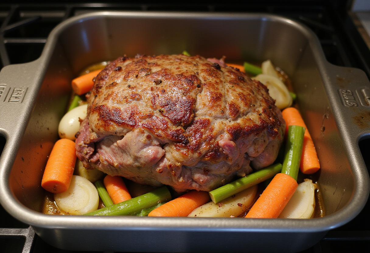 Bottom round roast surrounded by vegetables in a roasting pan ready for the oven, preparing beef roast.