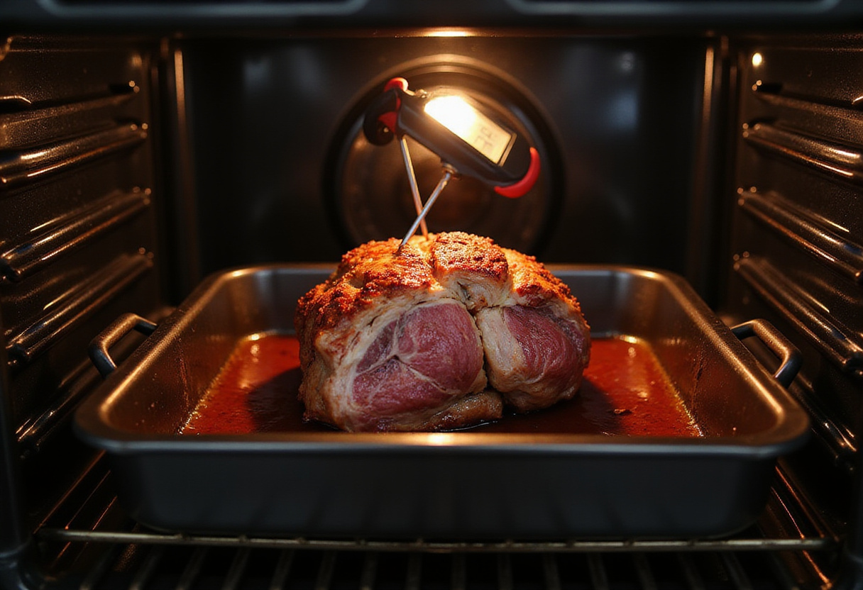 Checking the internal temperature of a bottom round roast with a meat thermometer in the oven, ensuring perfect cooking of the beef roast.