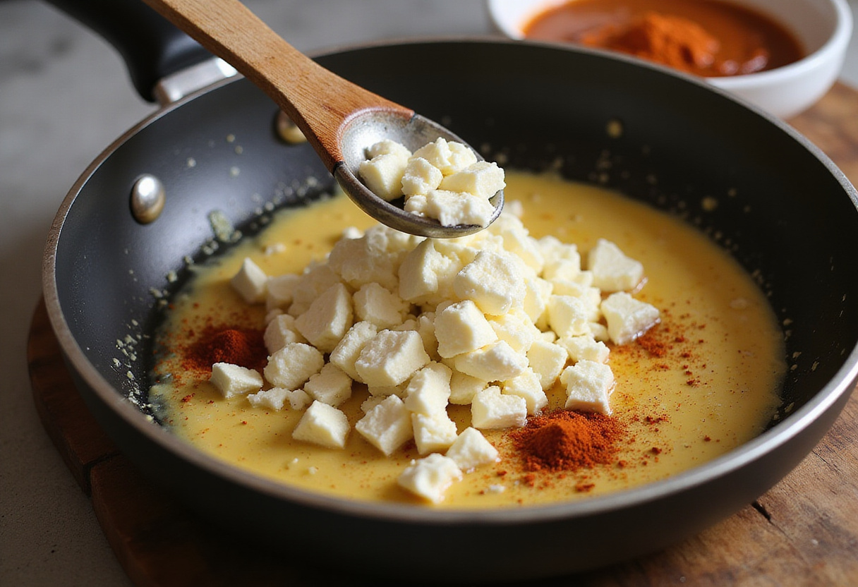 Boursin cheese crumbled in a pan to make Boursin Cheese Pasta.