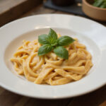 Delicious Boursin pasta garnished with basil, a perfect main course.