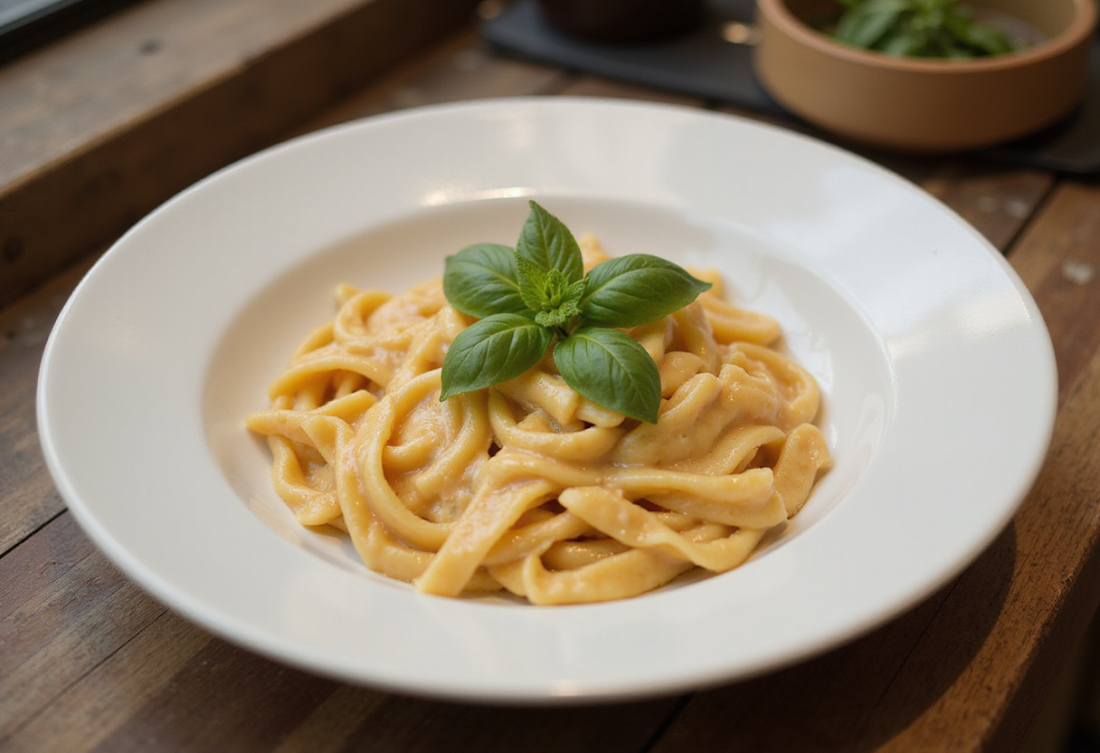 Delicious Boursin pasta garnished with basil, a perfect main course.