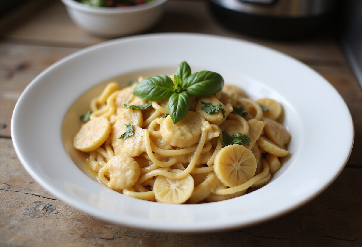 Delicious Boursin pasta garnished with basil, a perfect main course.