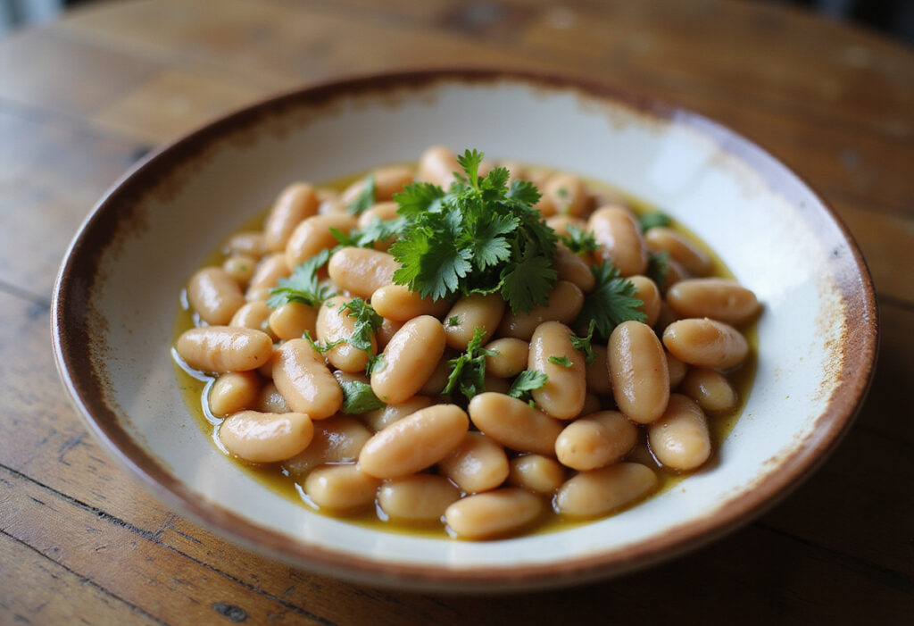 Finished butter beans, creamy and delicious, served as part of a hearty meal.