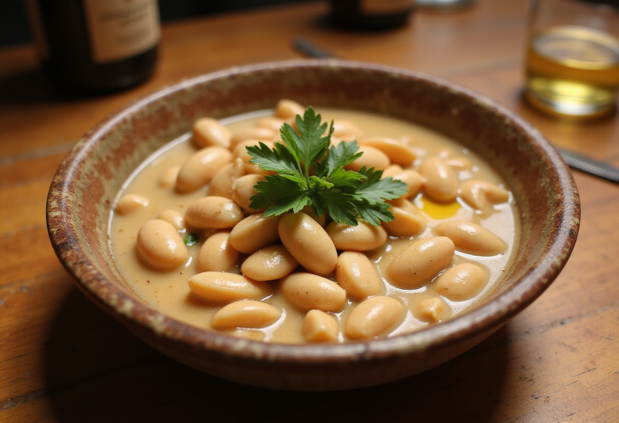 Finished butter beans, creamy and delicious, served as part of a hearty meal.
