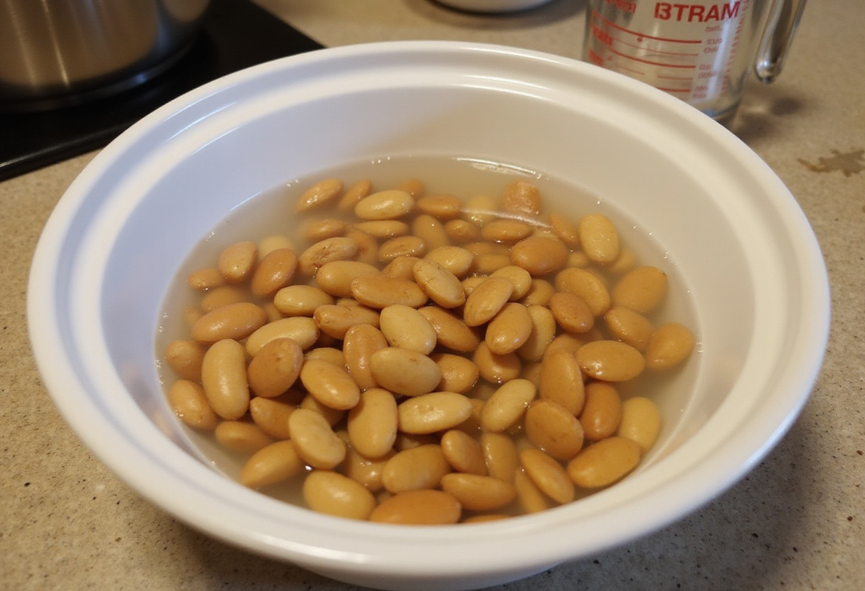 Dried butter beans soaking in water in preparation for a butter beans recipe.