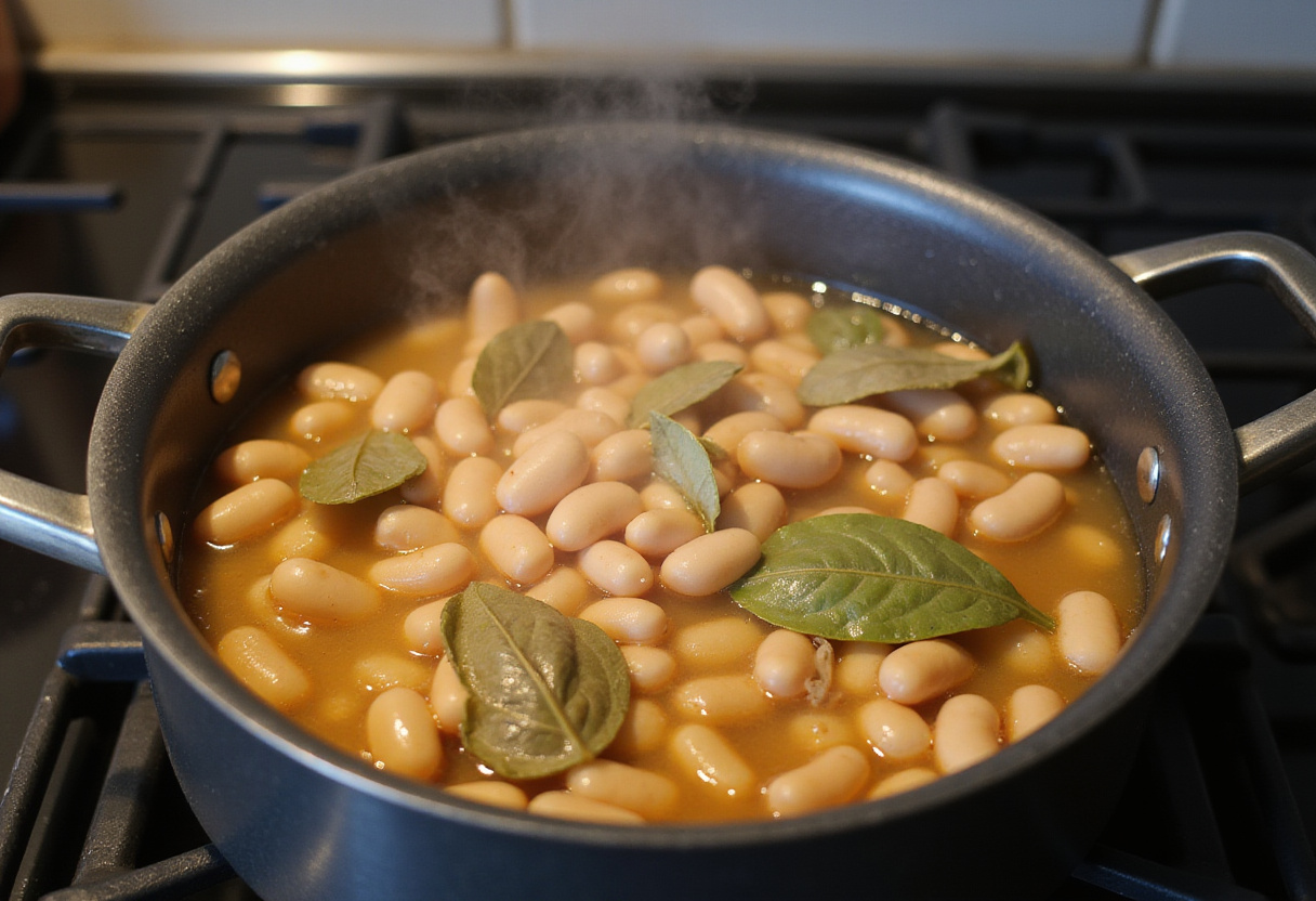 Butter beans simmering in vegetable broth with bay leaves for enhanced flavor.