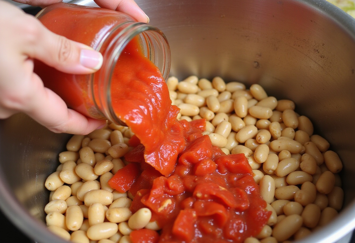 Chopped tomatoes being mixed into cooked butter beans for added flavor and texture.