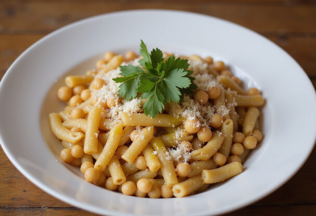Perfect chickpea pasta dish with parsley and Parmesan, healthy eating.