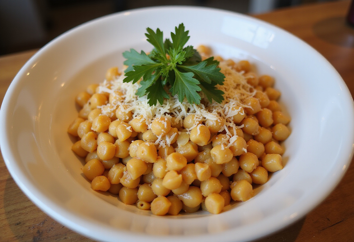 Perfect chickpea pasta dish with parsley and Parmesan, healthy eating.