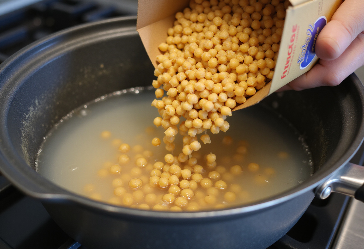 Dry chickpea pasta being added to boiling water for healthy meal.