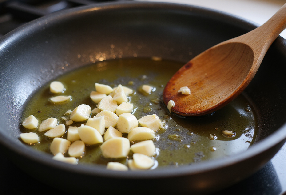 Garlic and olive oil sautéing for chickpea pasta sauce.