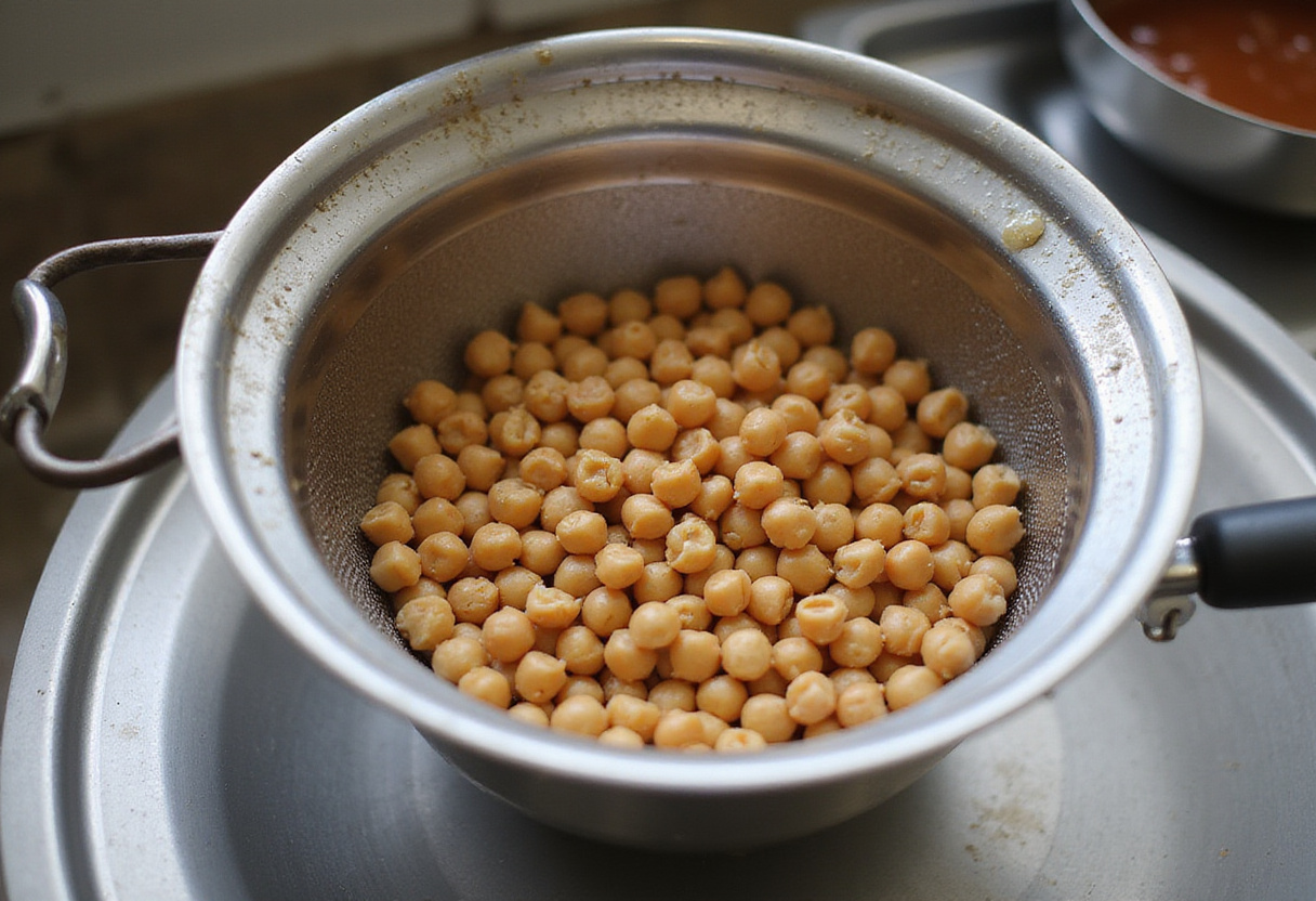 Canned chickpeas being prepared for a nutritious pasta dish.