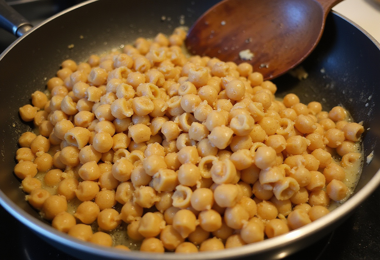 Chickpea pasta being combined with chickpeas, garlic and oil.