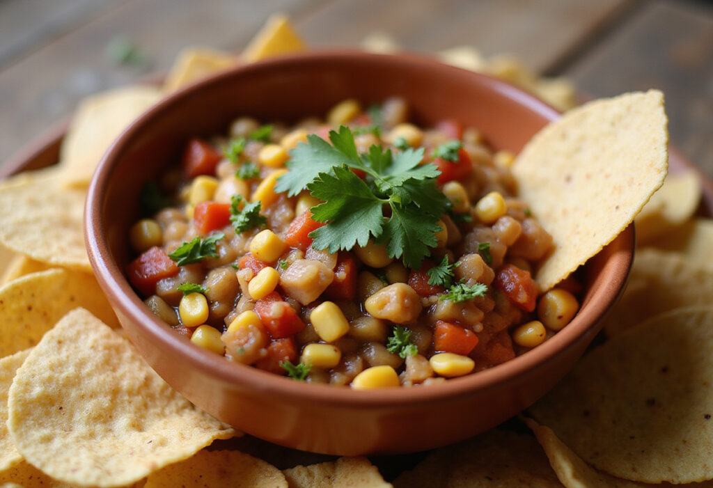 Delicious homemade Chipotle Corn Salsa with tortilla chips.