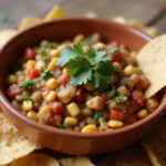 Delicious homemade Chipotle Corn Salsa with tortilla chips.