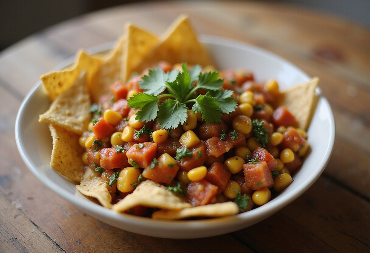 Delicious homemade Chipotle Corn Salsa with tortilla chips.