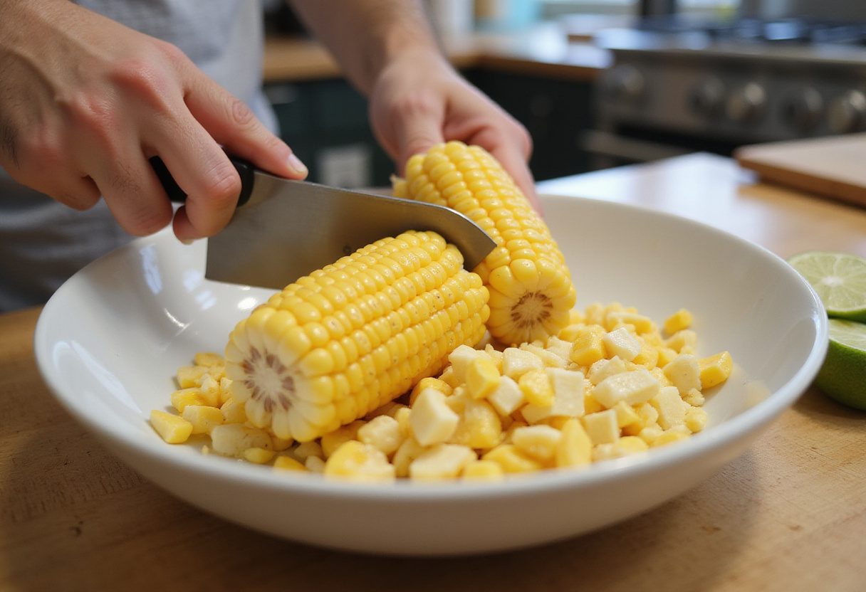Fresh corn kernels being prepared for homemade Chipotle Corn Salsa.