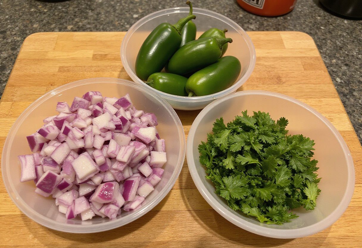 Ingredients prepped for Chipotle Corn Salsa: onions, jalapenos, and cilantro.