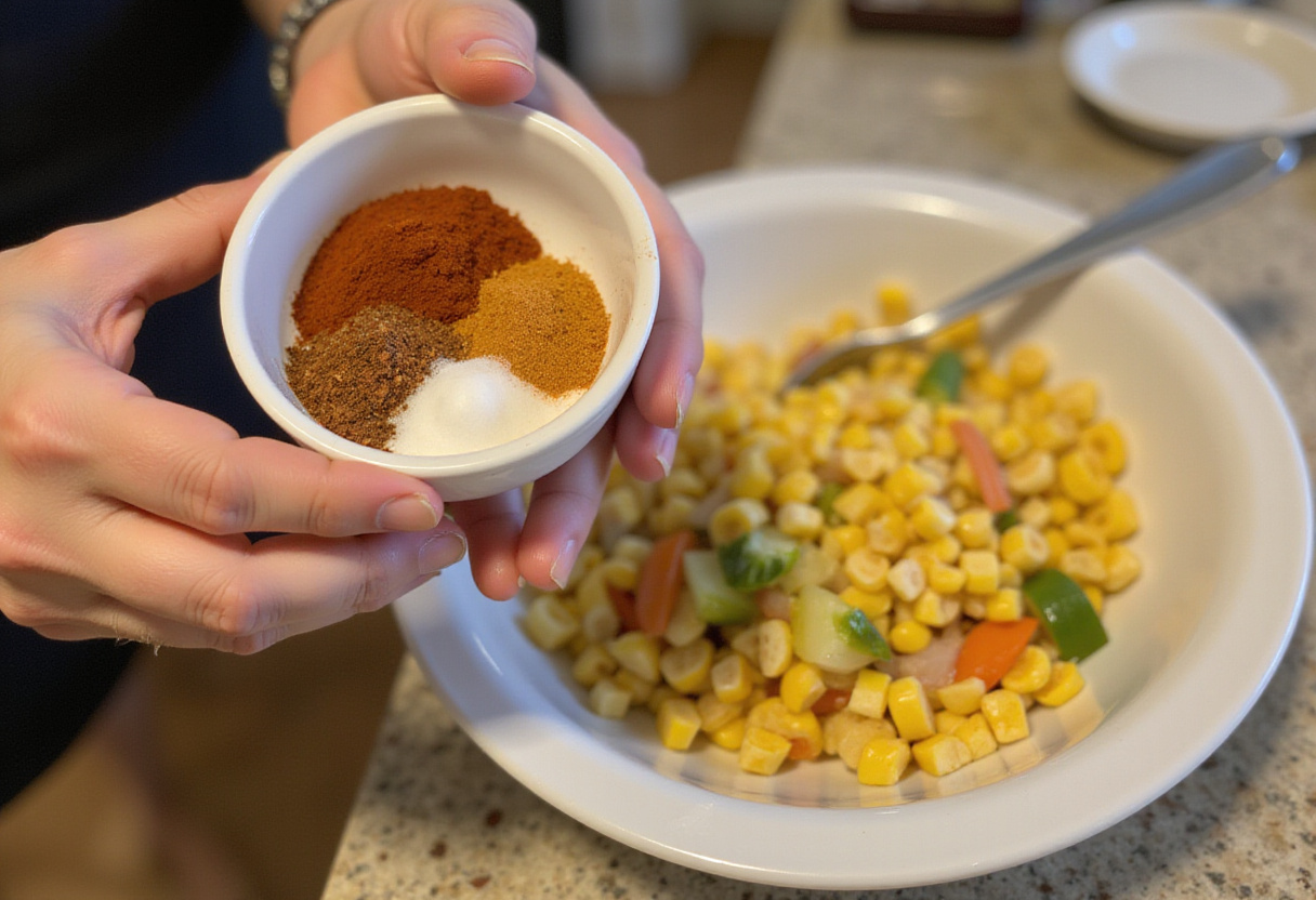 Measuring spices for the perfect Chipotle Corn Salsa recipe.