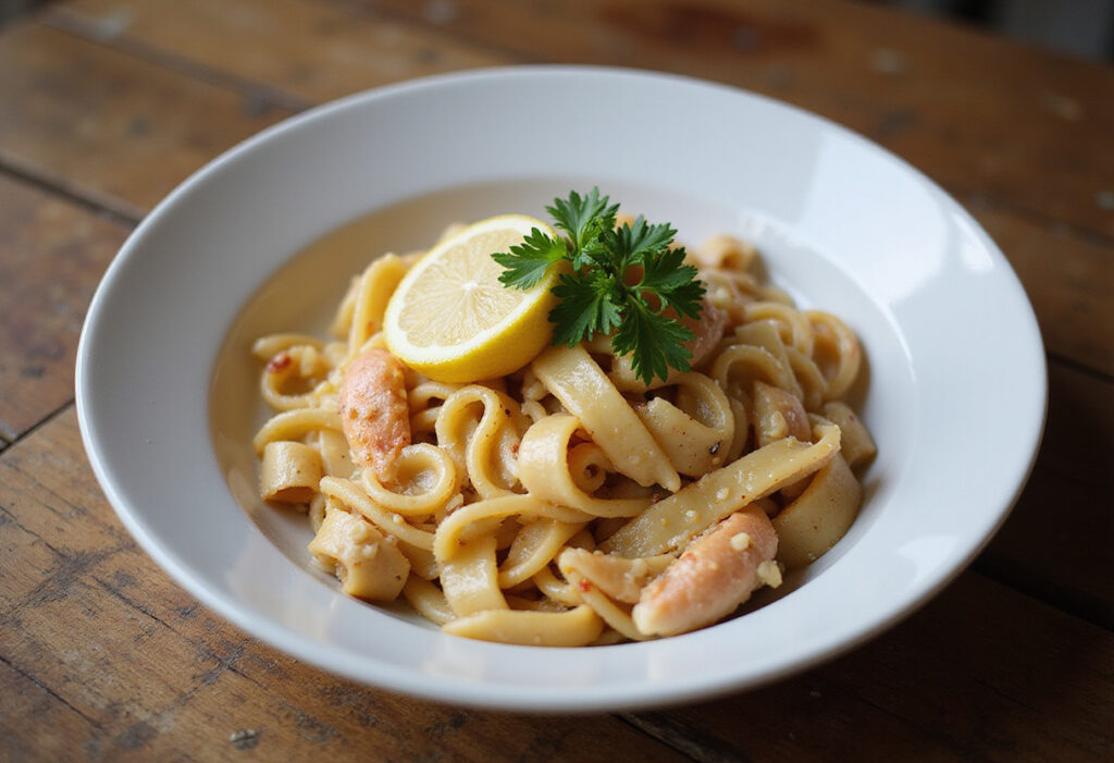 Delicious crab pasta garnished with parsley and lemon.