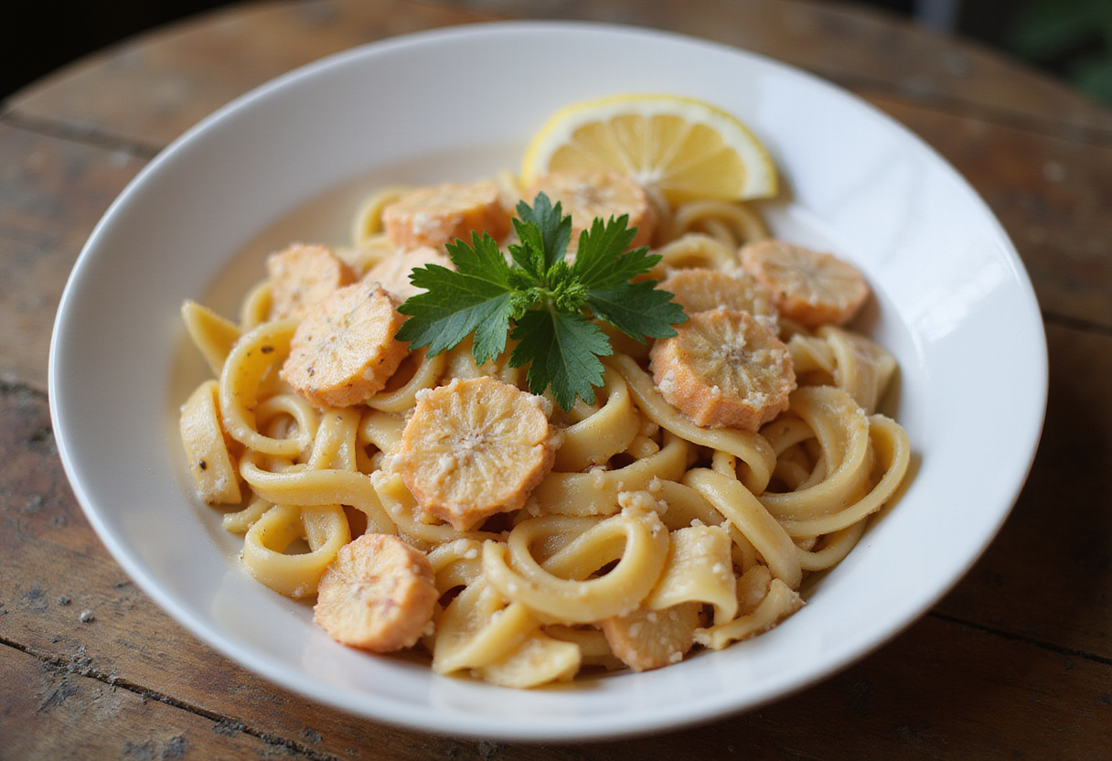 Delicious crab pasta garnished with parsley and lemon.