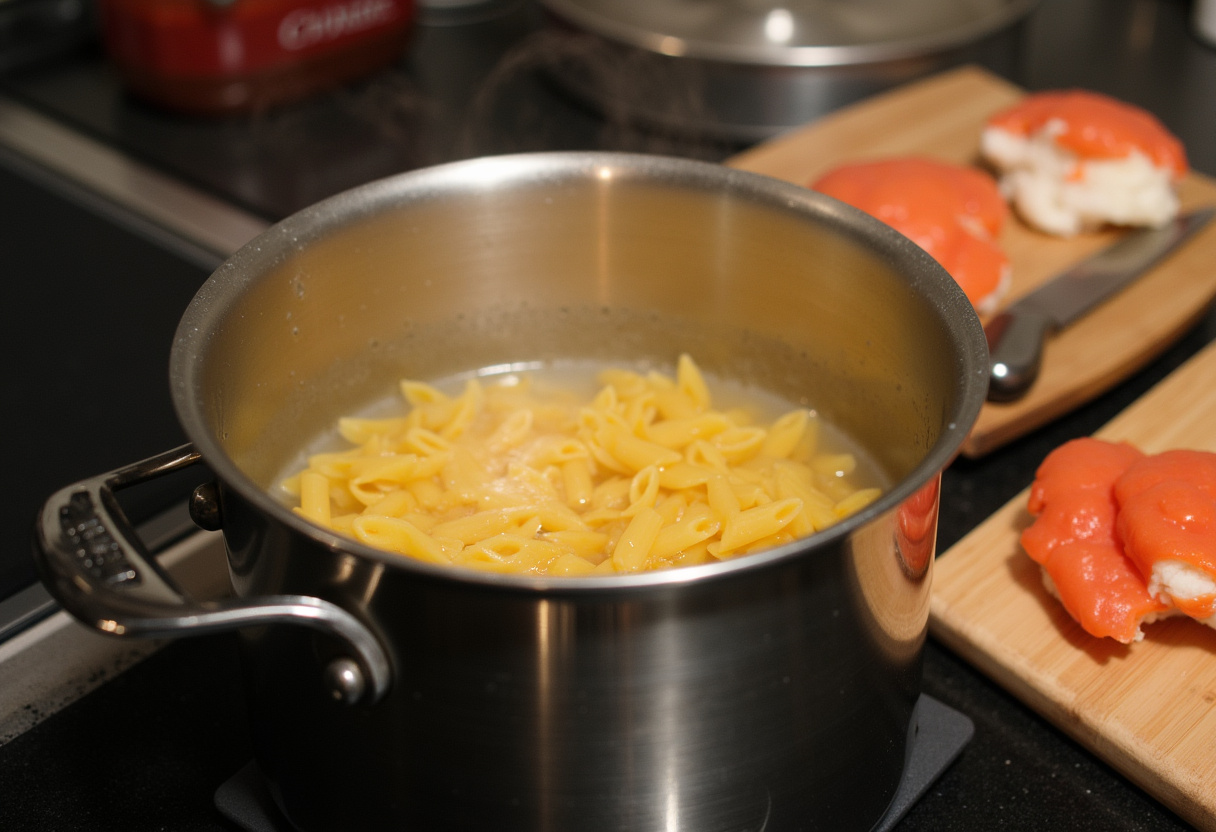 Boiling water for cooking pasta for a crab pasta recipe.