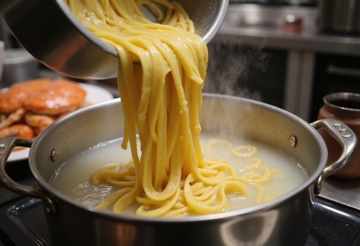 Cooking pasta in boiling water for crab pasta recipe.