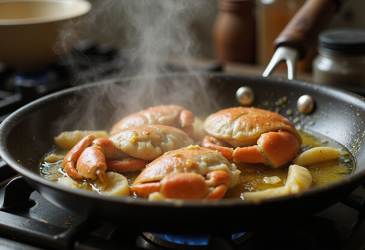 Sautéing garlic in olive oil for crab pasta.