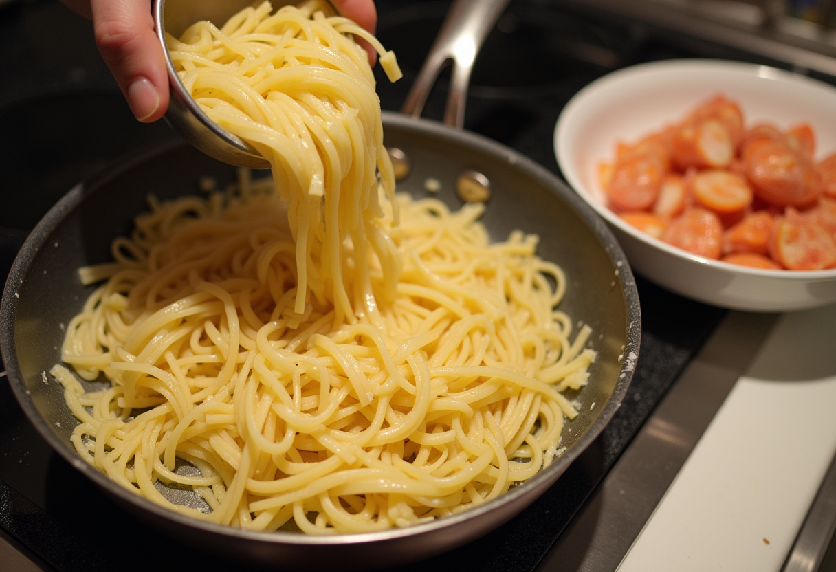 Tossing cooked pasta with garlic and oil for crab pasta recipe.