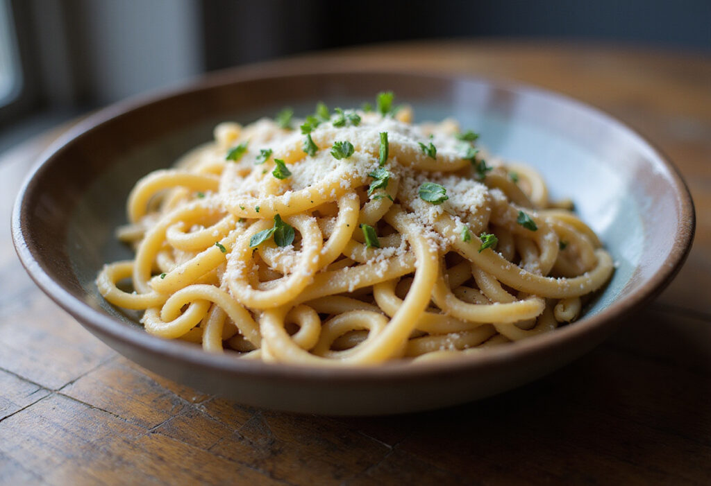 Finished French Onion Pasta garnished with thyme and Gruyère cheese.