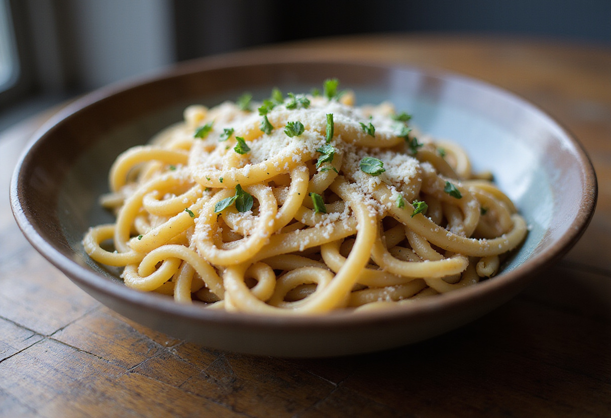 Finished French Onion Pasta garnished with thyme and Gruyère cheese.