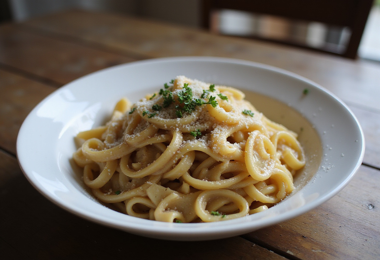 Finished French Onion Pasta garnished with thyme and Gruyère cheese.