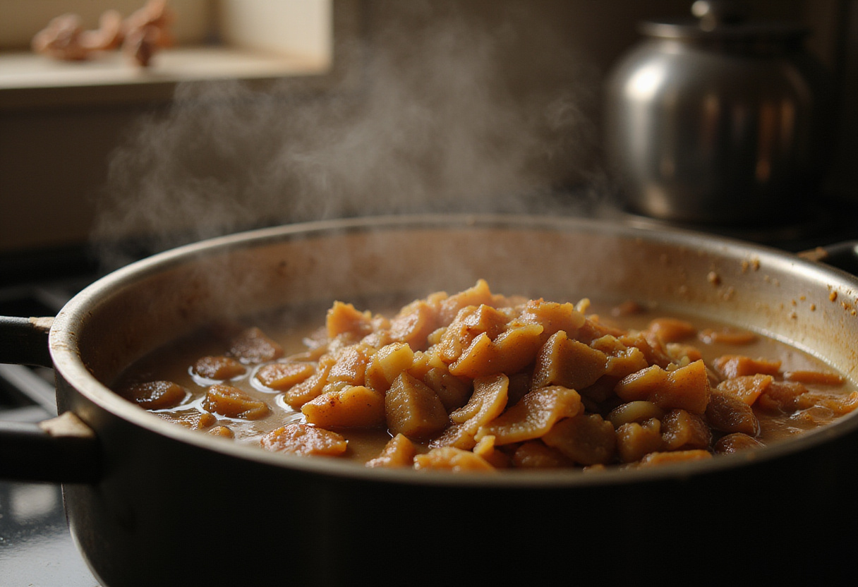 Caramelized onions simmering in a pot for French Onion Pasta recipe.