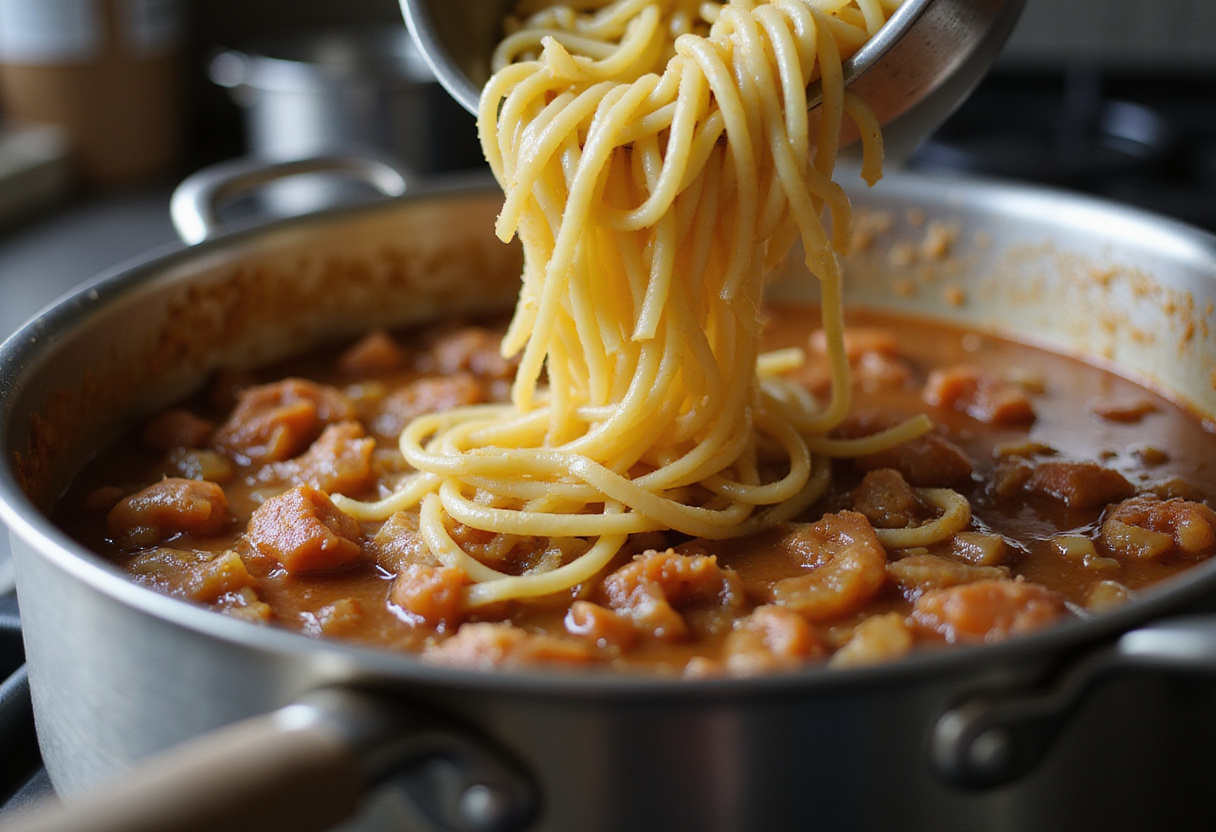 Pasta being added to caramelized onions to create French Onion Pasta.