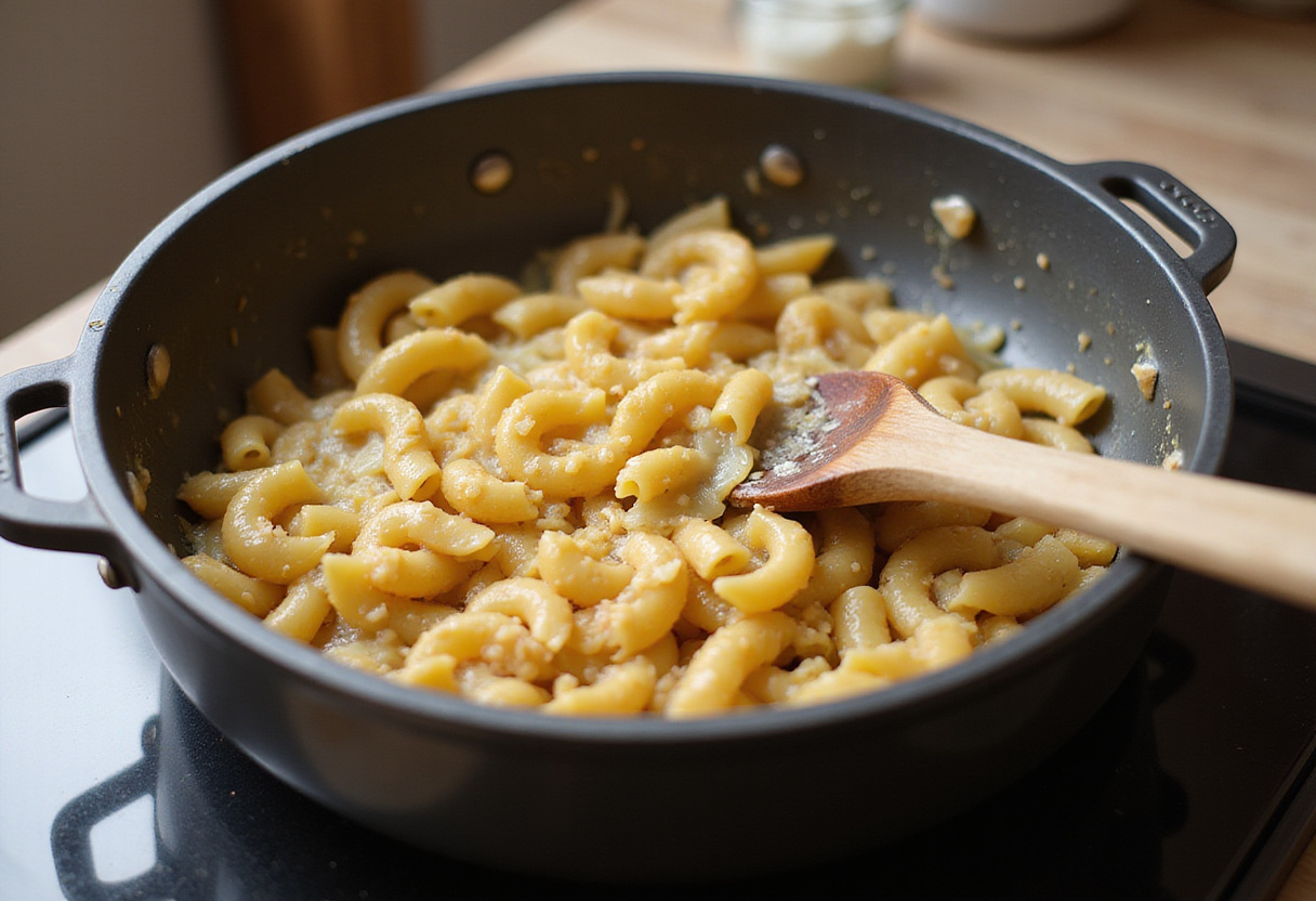 Stirring pasta into the onion mixture for French Onion Pasta recipe.