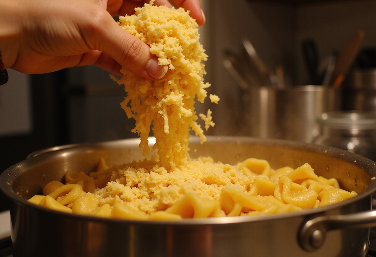 Gruyere cheese being sprinkled on French Onion Pasta.