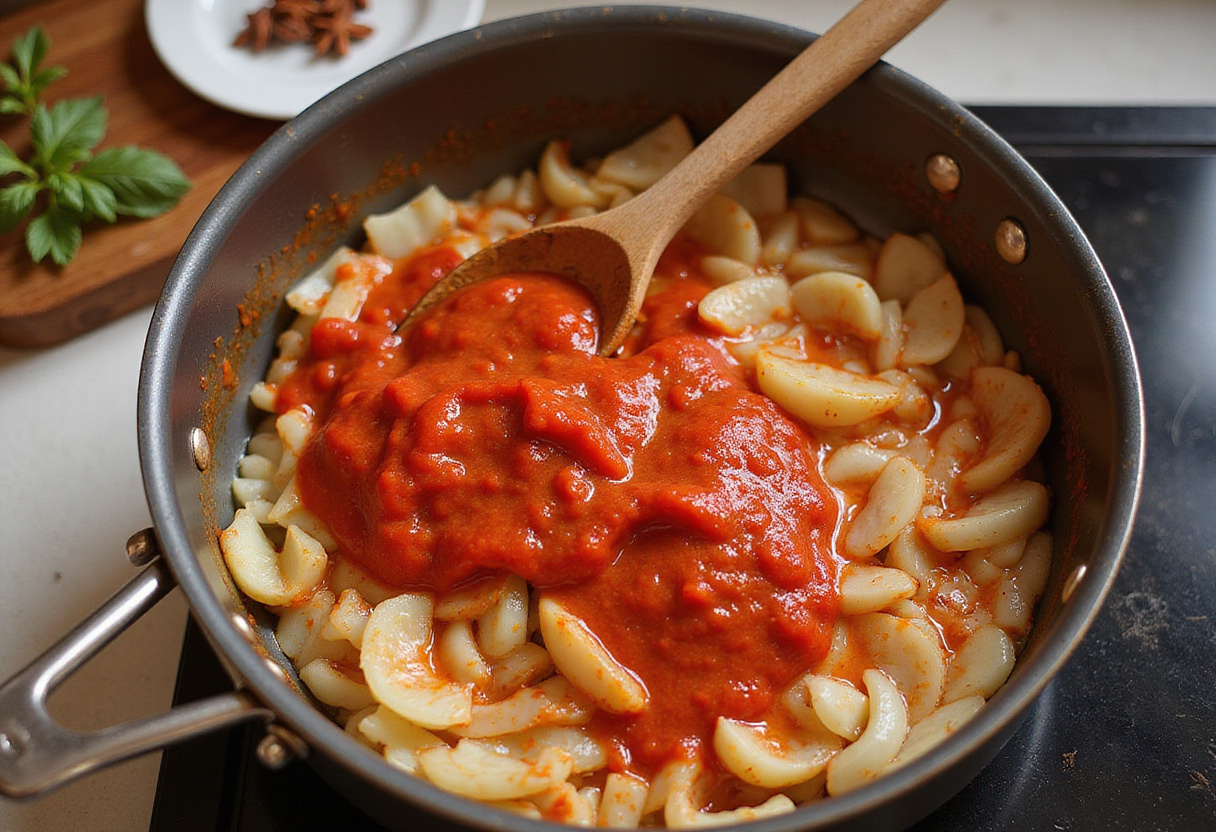 Tomato paste being added to the sauce for Gigi Hadid Pasta.