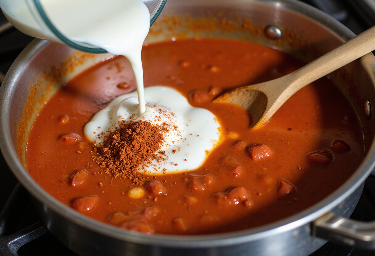 Heavy cream and red pepper flakes being added to Gigi Hadid Pasta sauce.