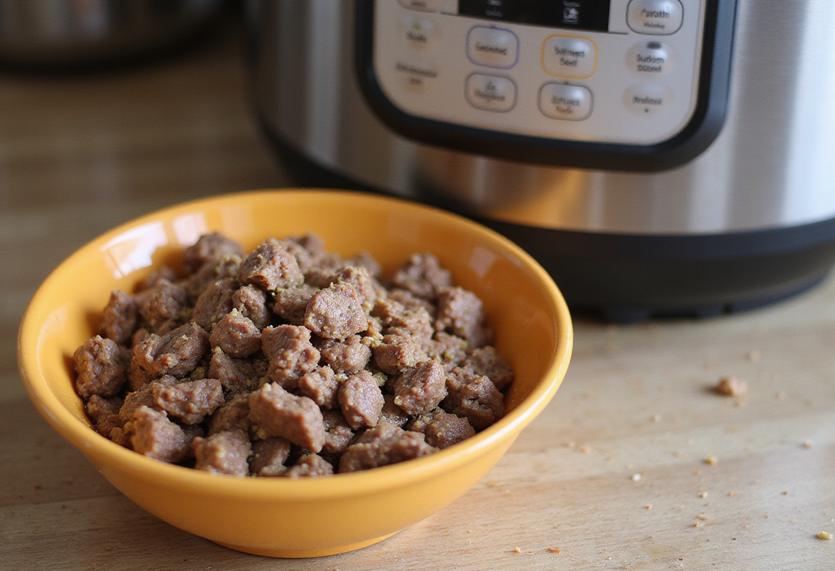 Perfectly cooked ground beef from Instant Pot, ready to serve.