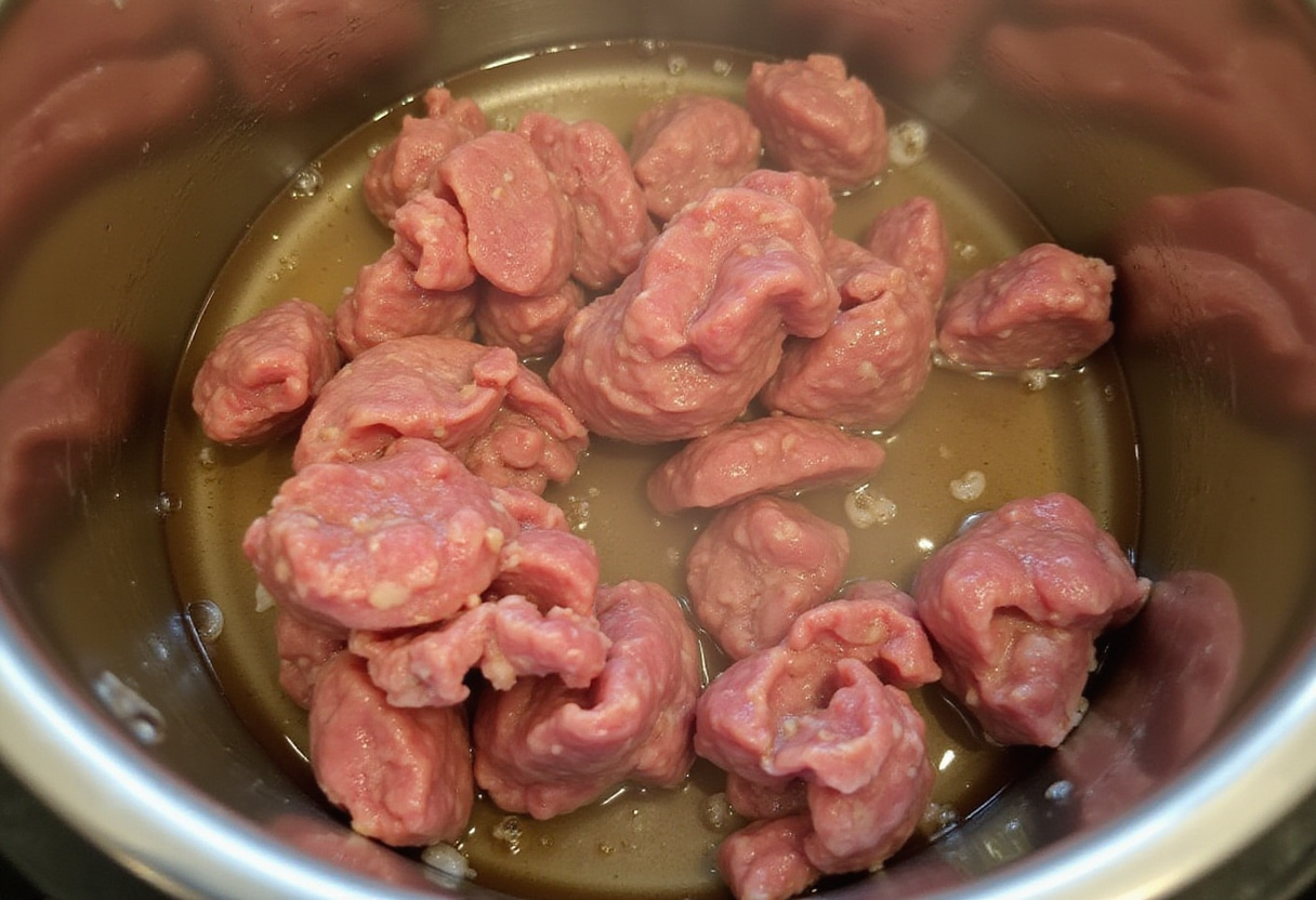 Browning ground beef in an Instant Pot using the sauté function.