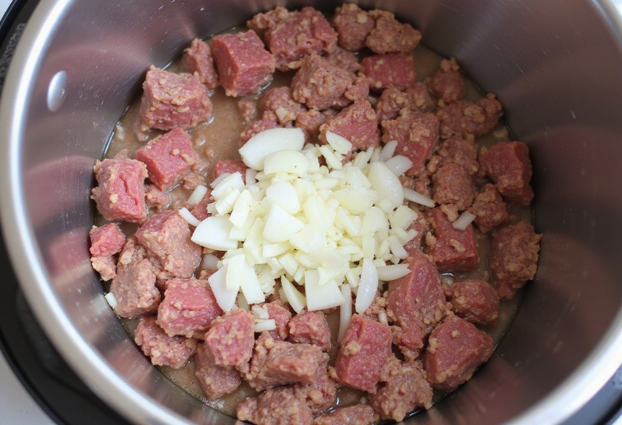 Adding onions and garlic to ground beef in Instant Pot.