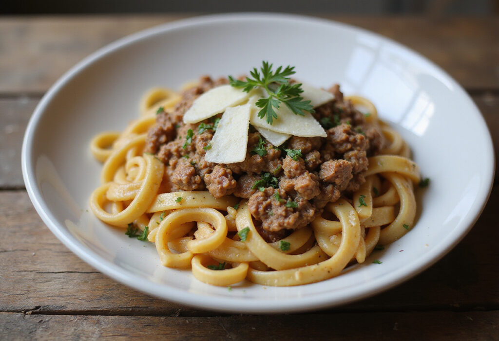 Perfectly cooked ground turkey pasta ready to serve.