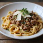 Perfectly cooked ground turkey pasta ready to serve.