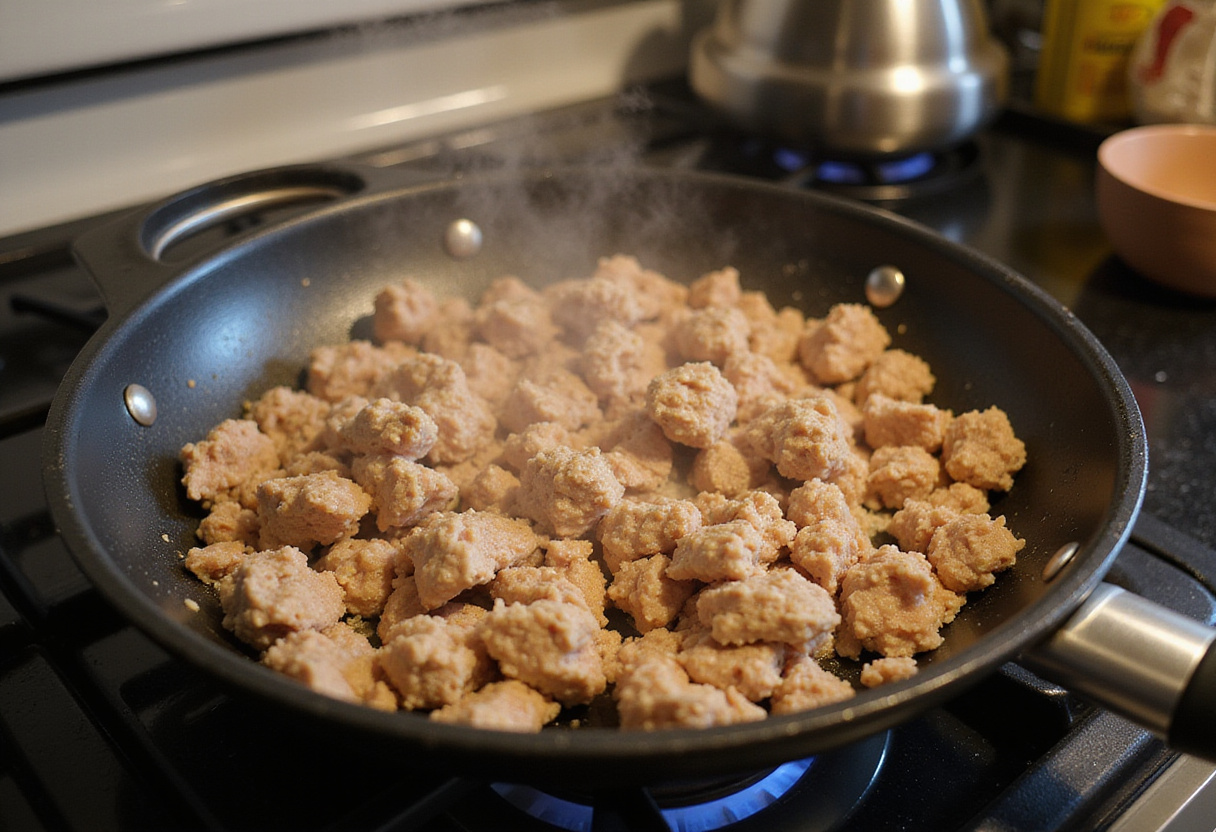 Ground turkey browning for perfect ground turkey pasta.